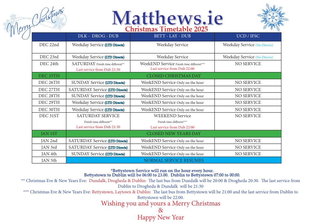 Matthews Christmas Timetable